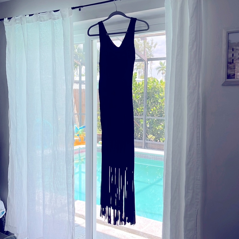 Black Fringe v-neck gown